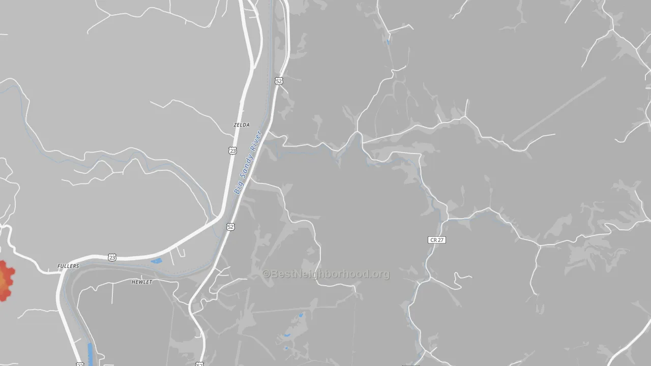 Walk Grade map of Hubbardstown, WV, walkable areas in green and car-dependent areas in red