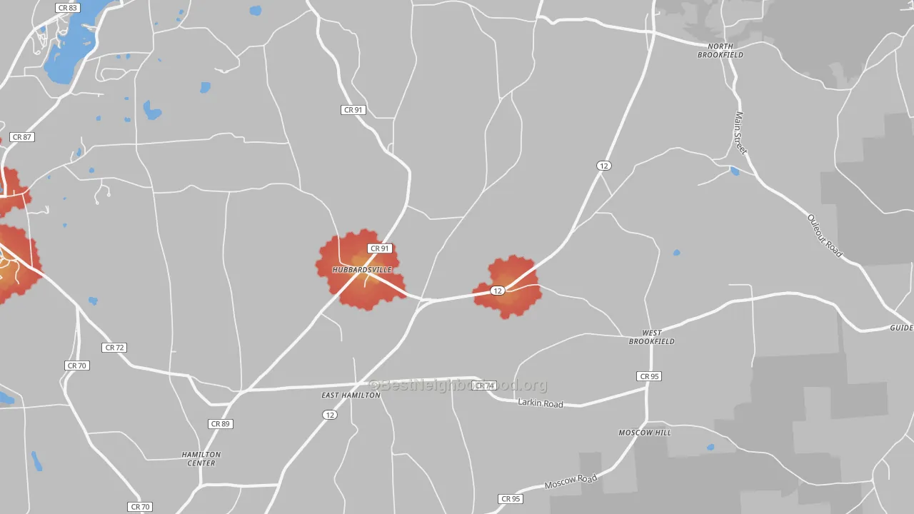 Walk Grade map of Hubbardsville, NY, walkable areas in green and car-dependent areas in red