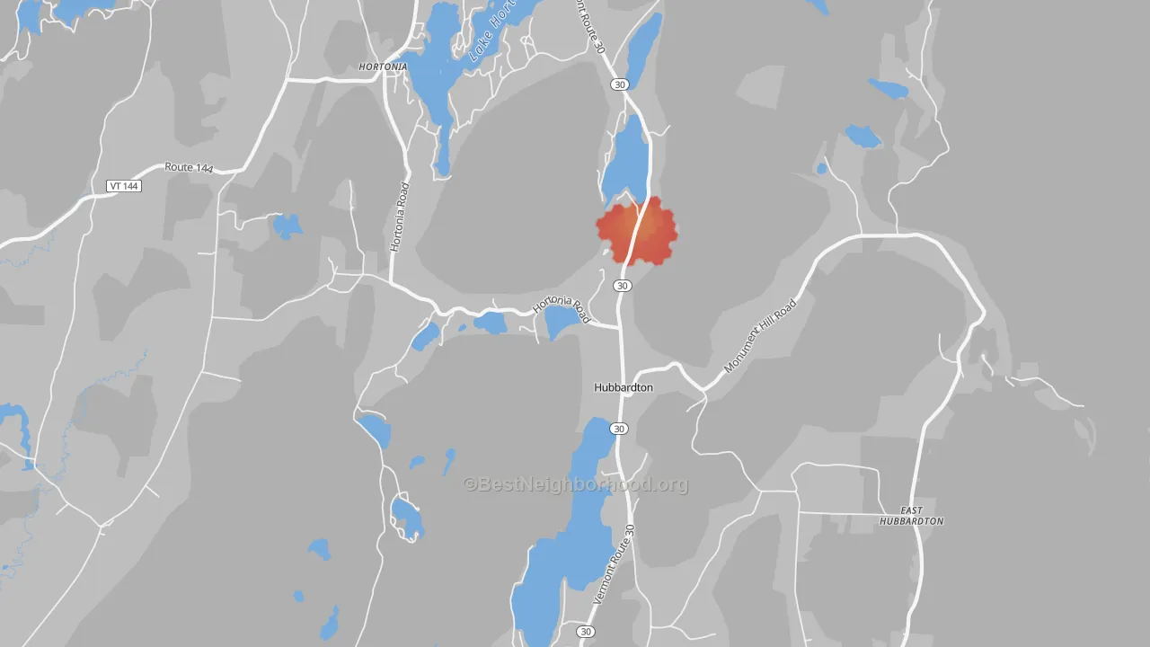 Walk Grade map of Hubbardton, VT, walkable areas in green and car-dependent areas in red