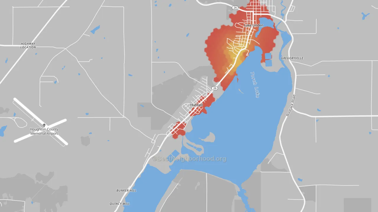 Walk Grade map of Hubbell, MI, walkable areas in green and car-dependent areas in red