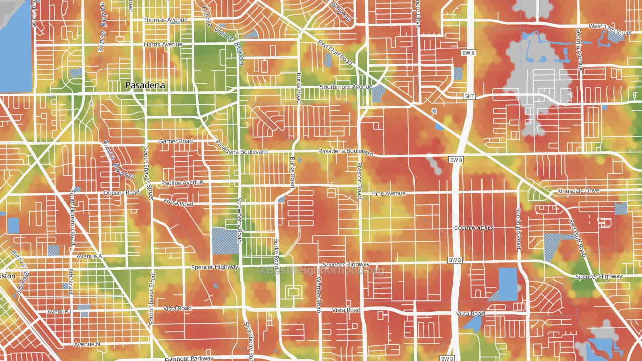 Walk Grade map of Hubbell, Pasadena, TX, walkable areas in green and car-dependent areas in red
