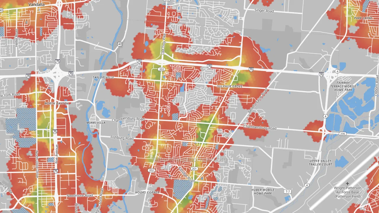 Walk Grade map of Huber Heights, OH, walkable areas in green and car-dependent areas in red