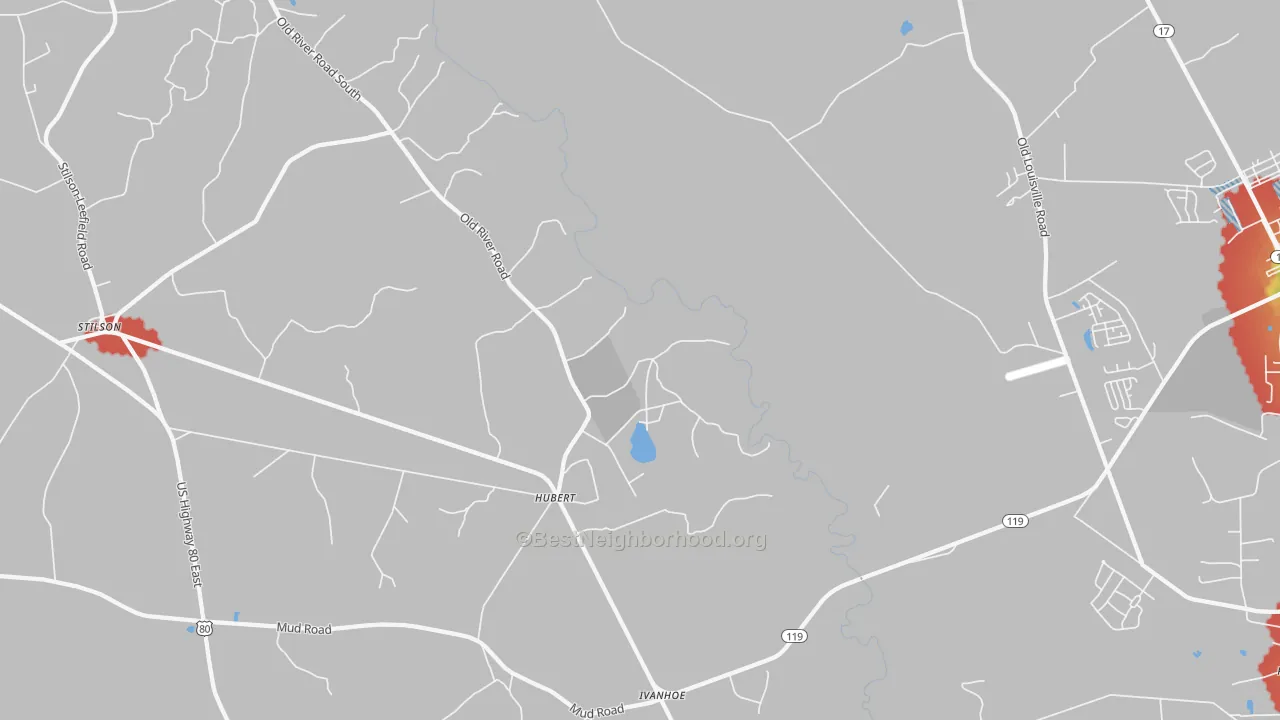 Walk Grade map of Hubert, GA, walkable areas in green and car-dependent areas in red