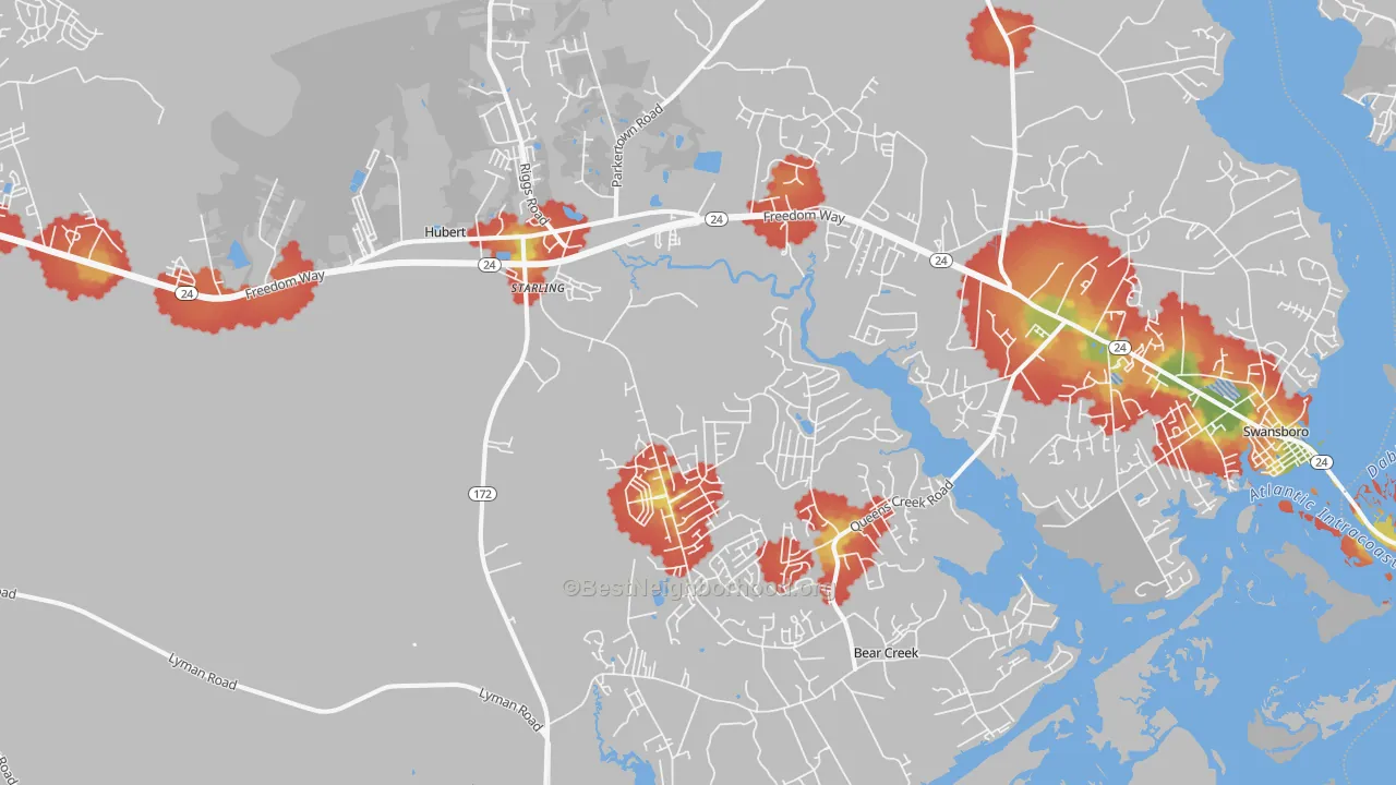 Walk Grade map of Hubert, NC, walkable areas in green and car-dependent areas in red