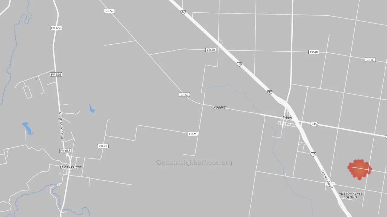 Walk Grade map of Hubert, TX, walkable areas in green and car-dependent areas in red