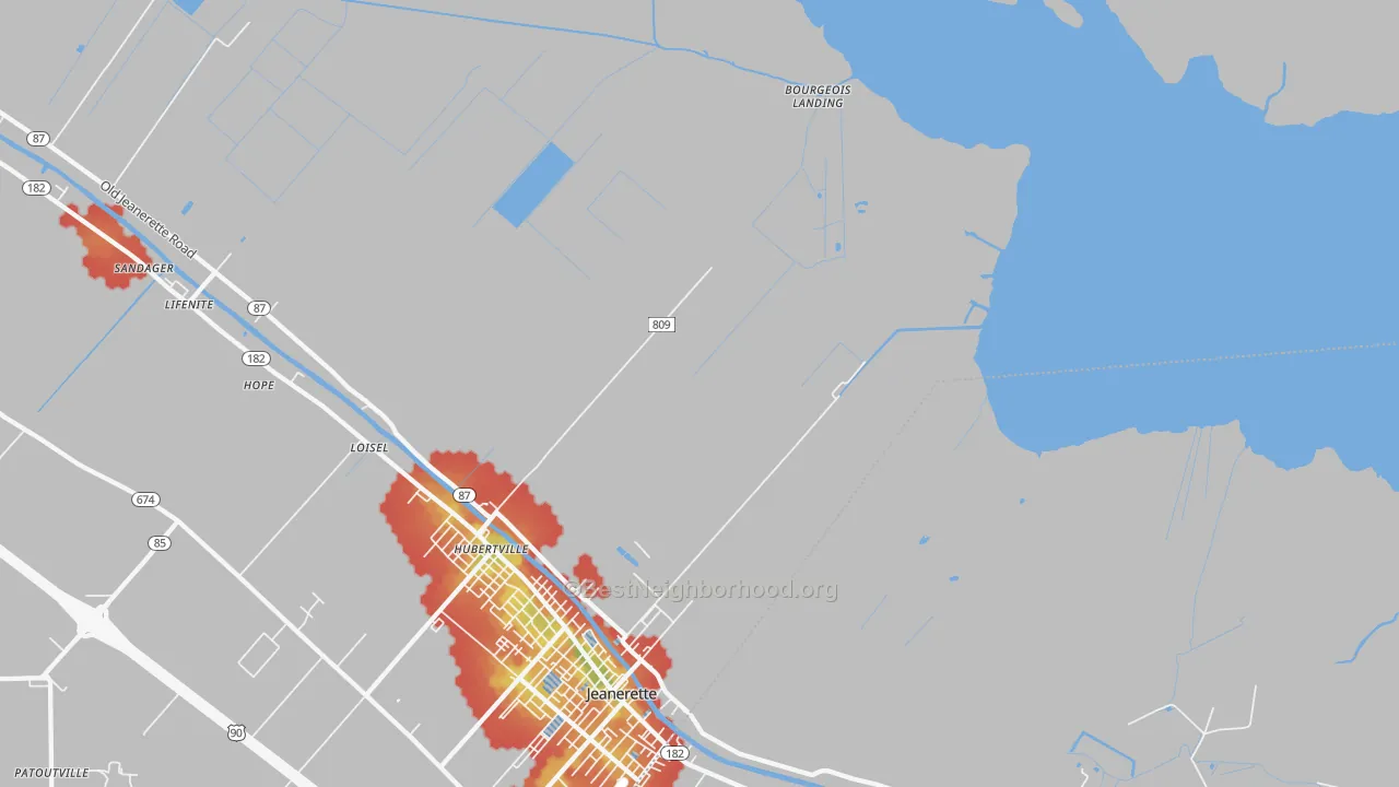 Walk Grade map of Hubertville, LA, walkable areas in green and car-dependent areas in red