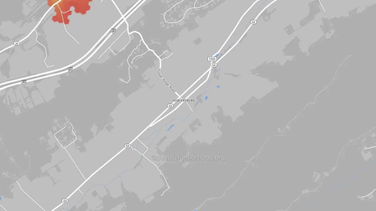 Walk Grade map of Hublersburg, PA, walkable areas in green and car-dependent areas in red