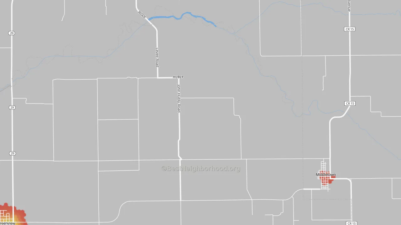 Walk Grade map of Hubly, IL, walkable areas in green and car-dependent areas in red
