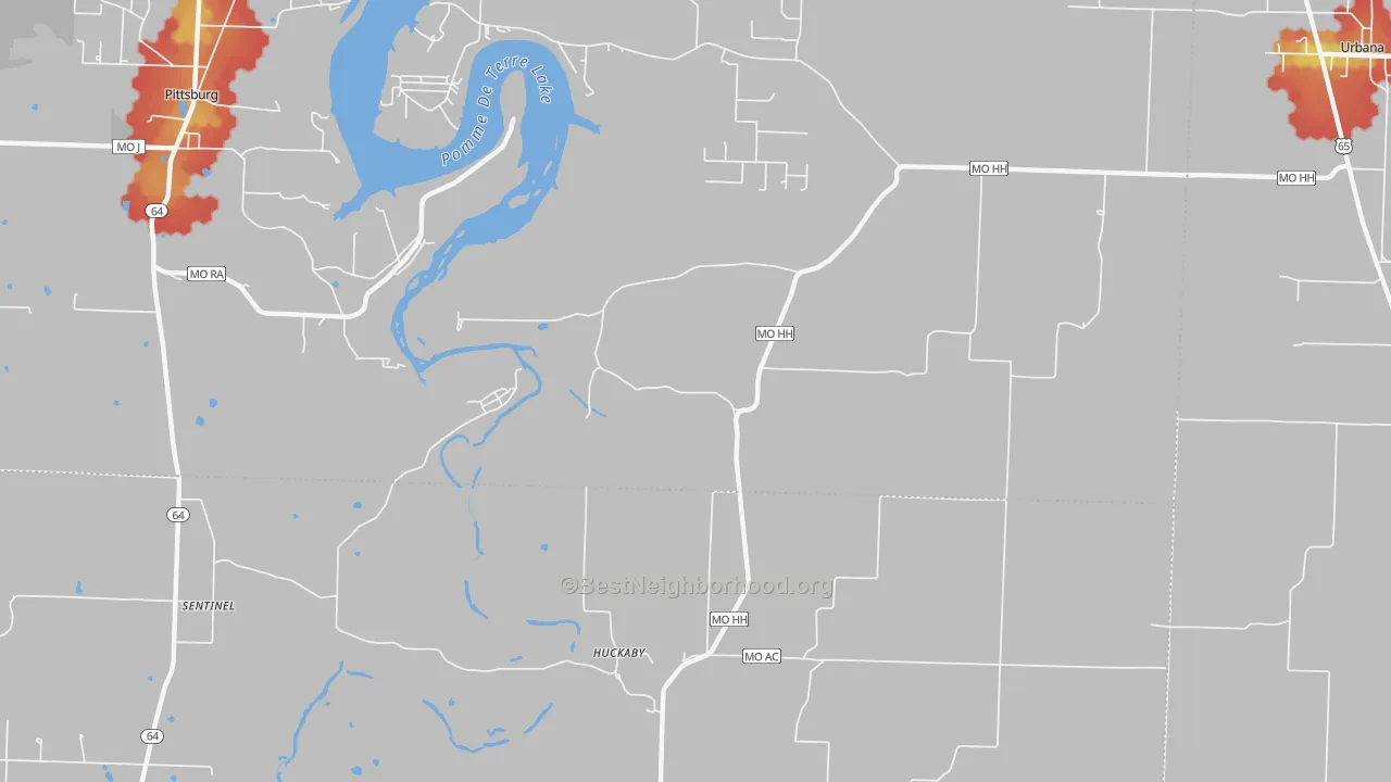 Walk Grade map of Huckaby, MO, walkable areas in green and car-dependent areas in red