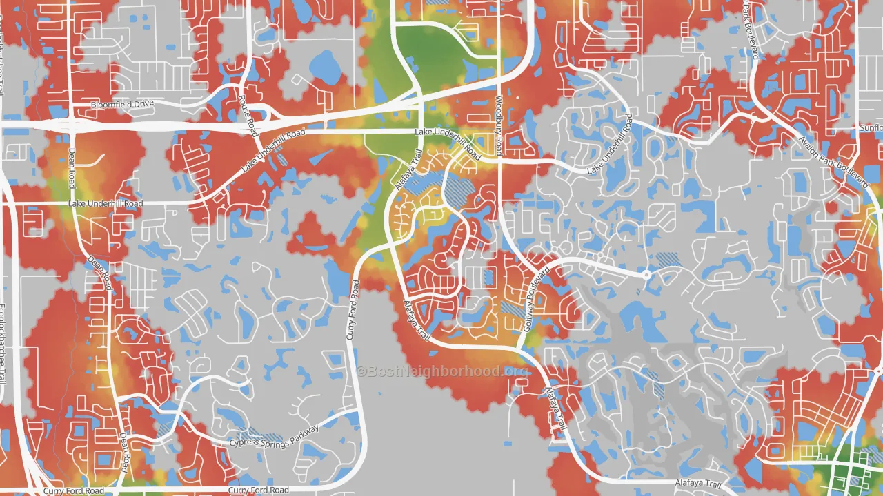 Walk Grade map of Huckleberry Fields, Alafaya, FL, walkable areas in green and car-dependent areas in red