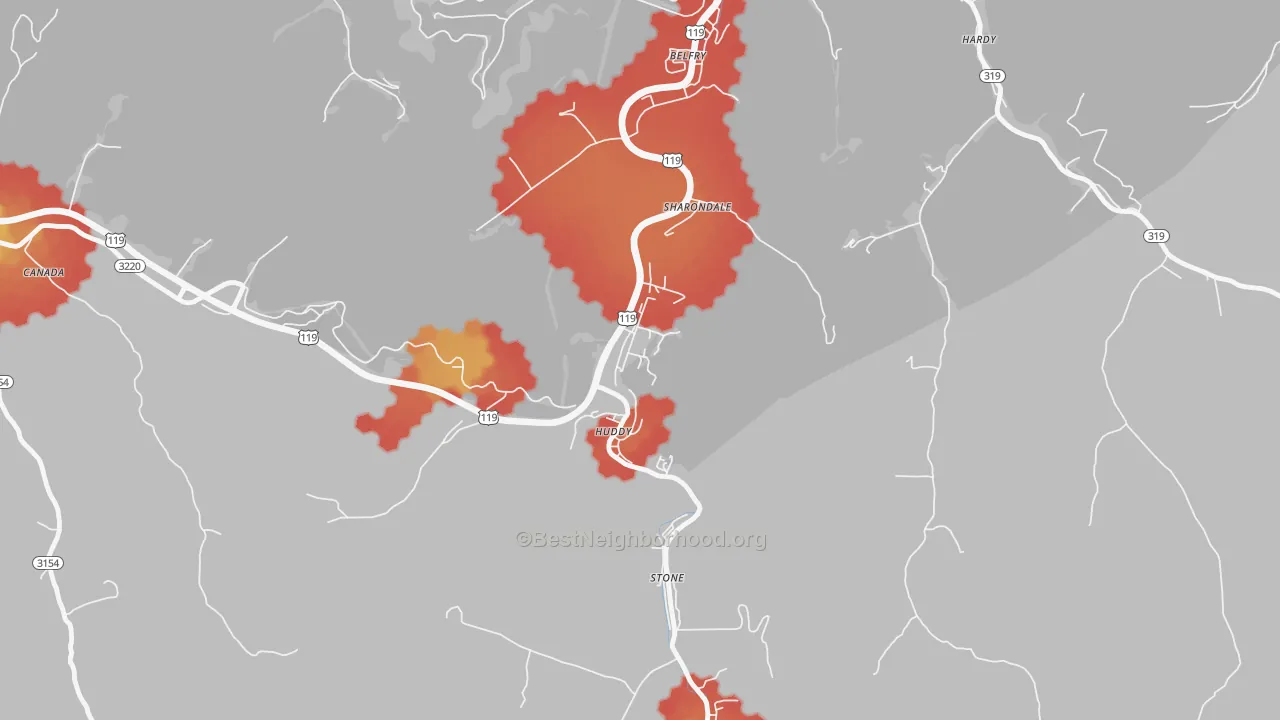 Walk Grade map of Huddy, KY, walkable areas in green and car-dependent areas in red