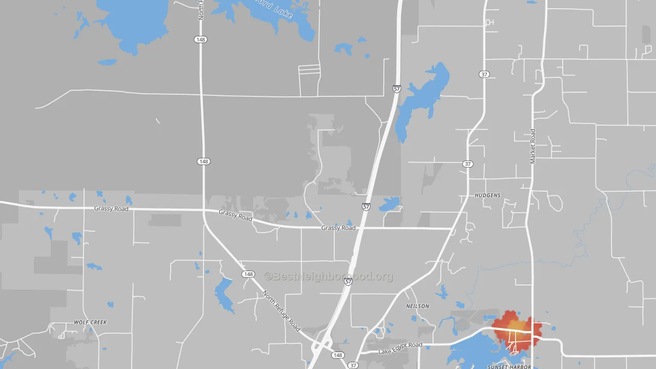 Walk Grade map of Hudgens, IL, walkable areas in green and car-dependent areas in red