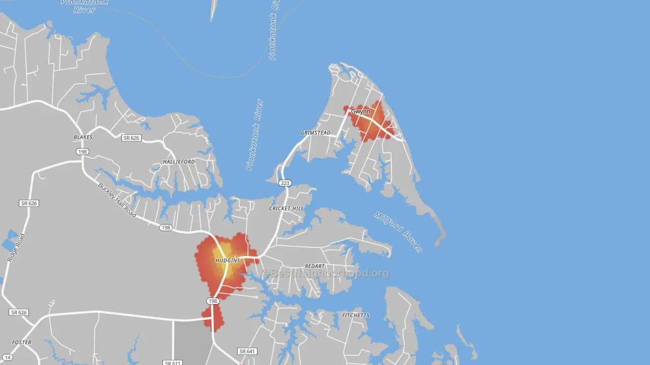 Walk Grade map of Hudgins, VA, walkable areas in green and car-dependent areas in red
