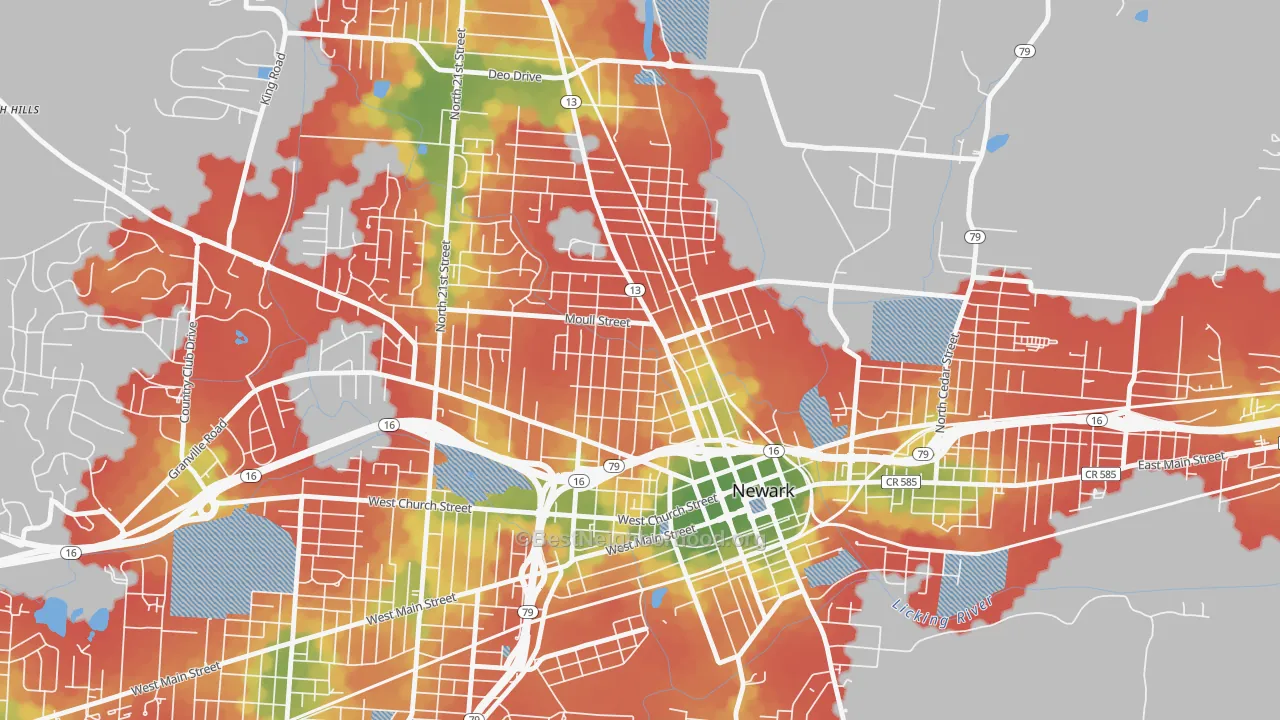 Walk Grade map of Hudson Avenue Historic District, Newark, OH, walkable areas in green and car-dependent areas in red