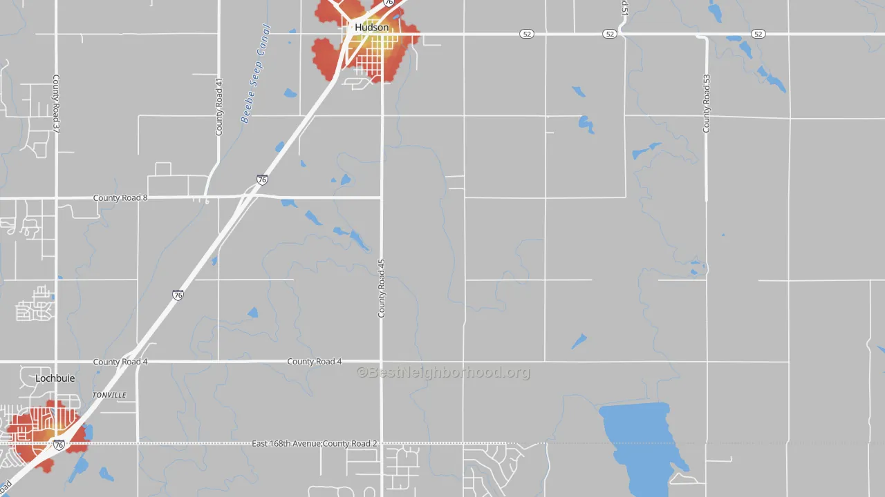 Walk Grade map of Hudson, CO, walkable areas in green and car-dependent areas in red