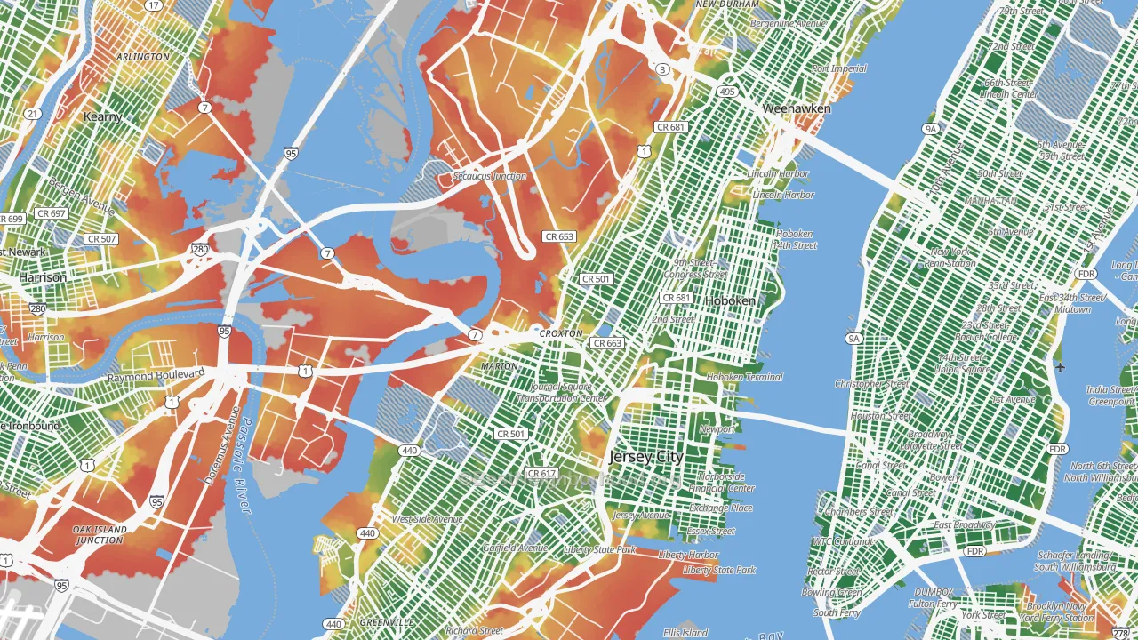 Walk Grade map of Hudson County, NJ, walkable areas in green and car-dependent areas in red