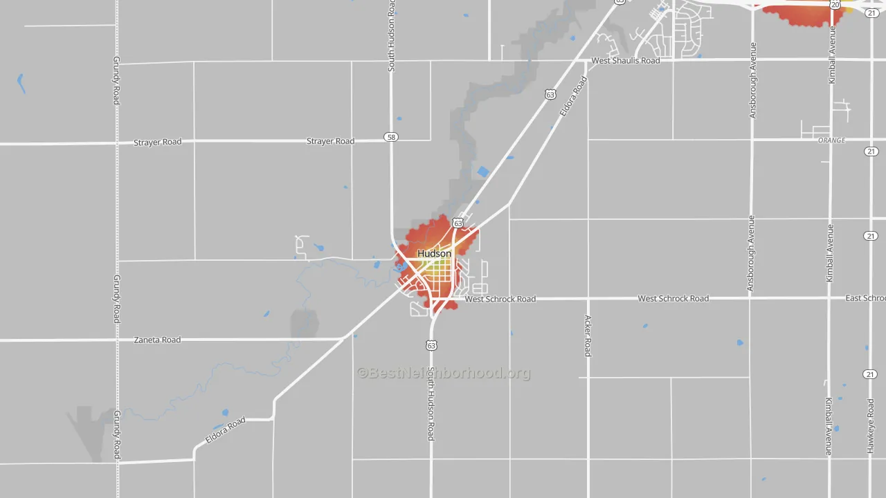 Walk Grade map of Hudson, IA, walkable areas in green and car-dependent areas in red