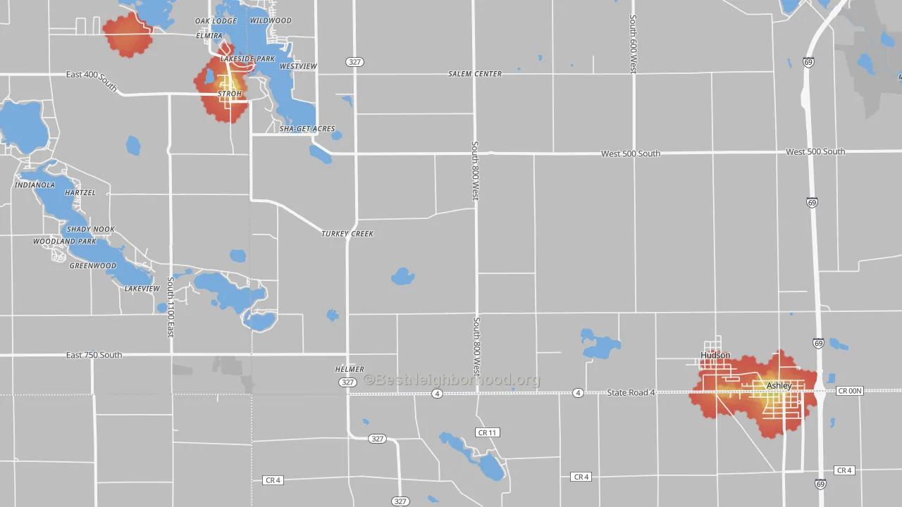Walk Grade map of Hudson, IN, walkable areas in green and car-dependent areas in red