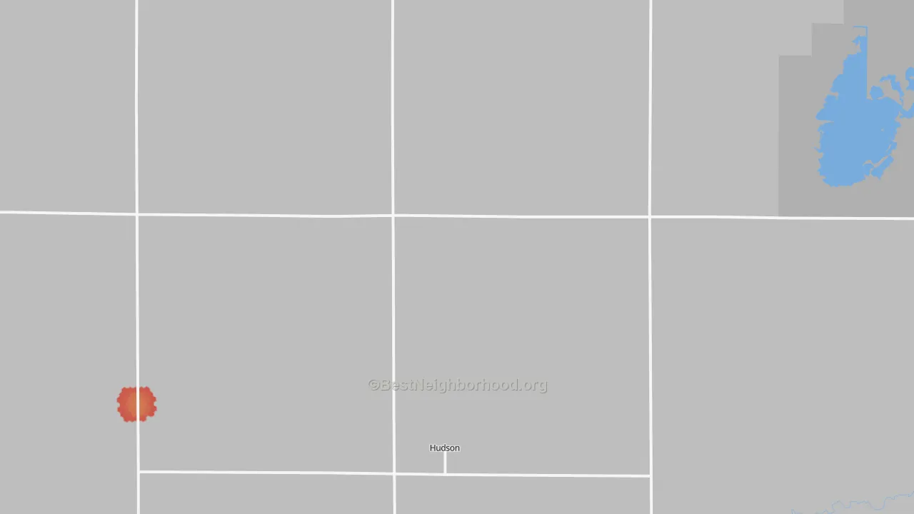 Walk Grade map of Hudson, KS, walkable areas in green and car-dependent areas in red