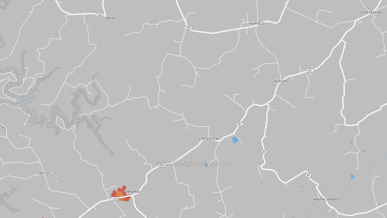 Walk Grade map of Hudson, KY, walkable areas in green and car-dependent areas in red