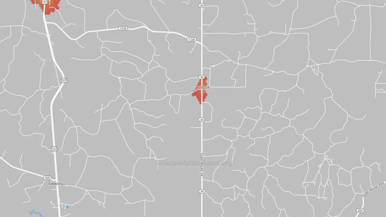 Walk Grade map of Hudson, LA, walkable areas in green and car-dependent areas in red