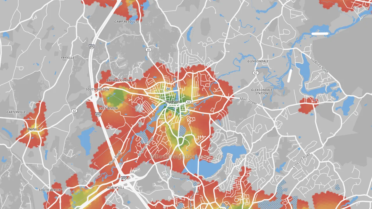 Walk Grade map of Hudson, MA, walkable areas in green and car-dependent areas in red