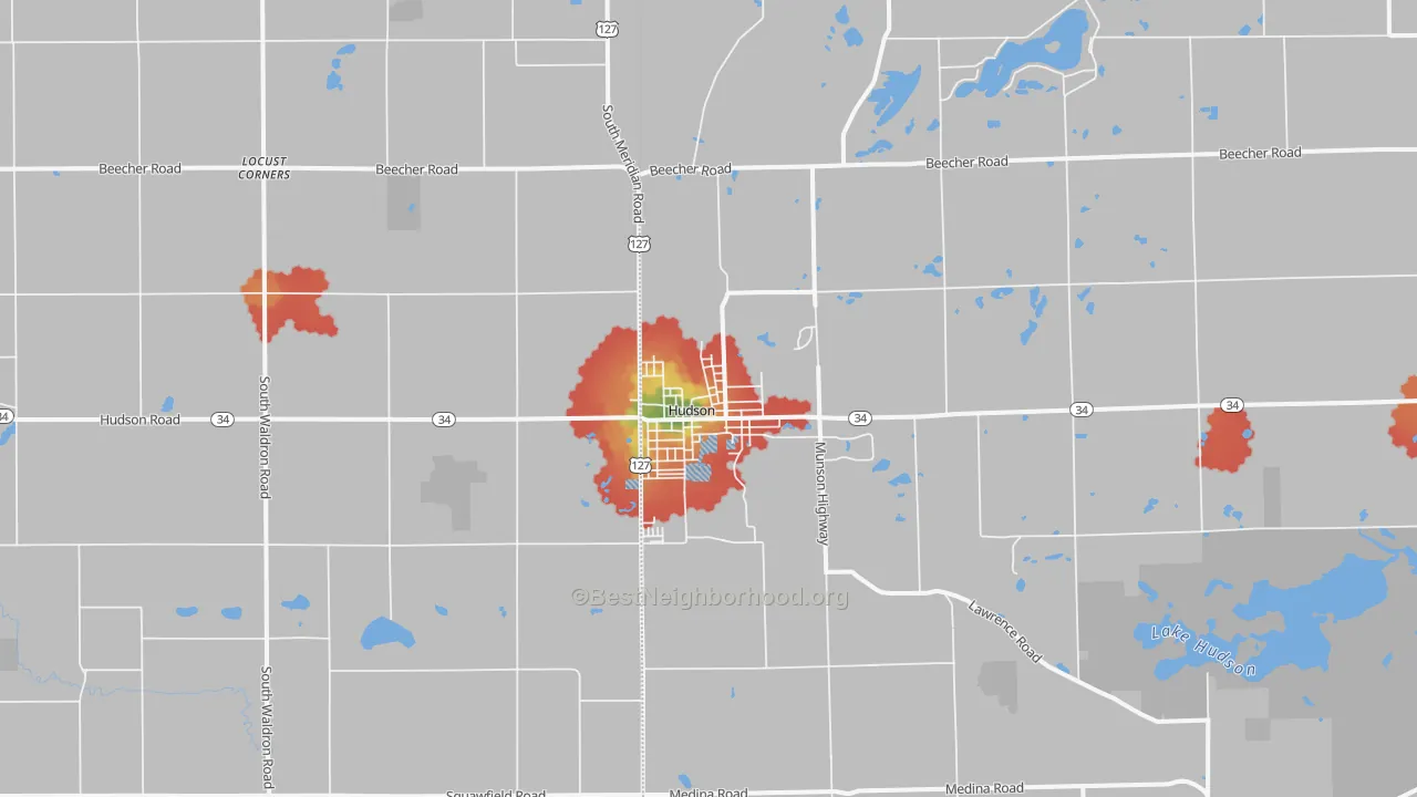 Walk Grade map of Hudson, MI, walkable areas in green and car-dependent areas in red