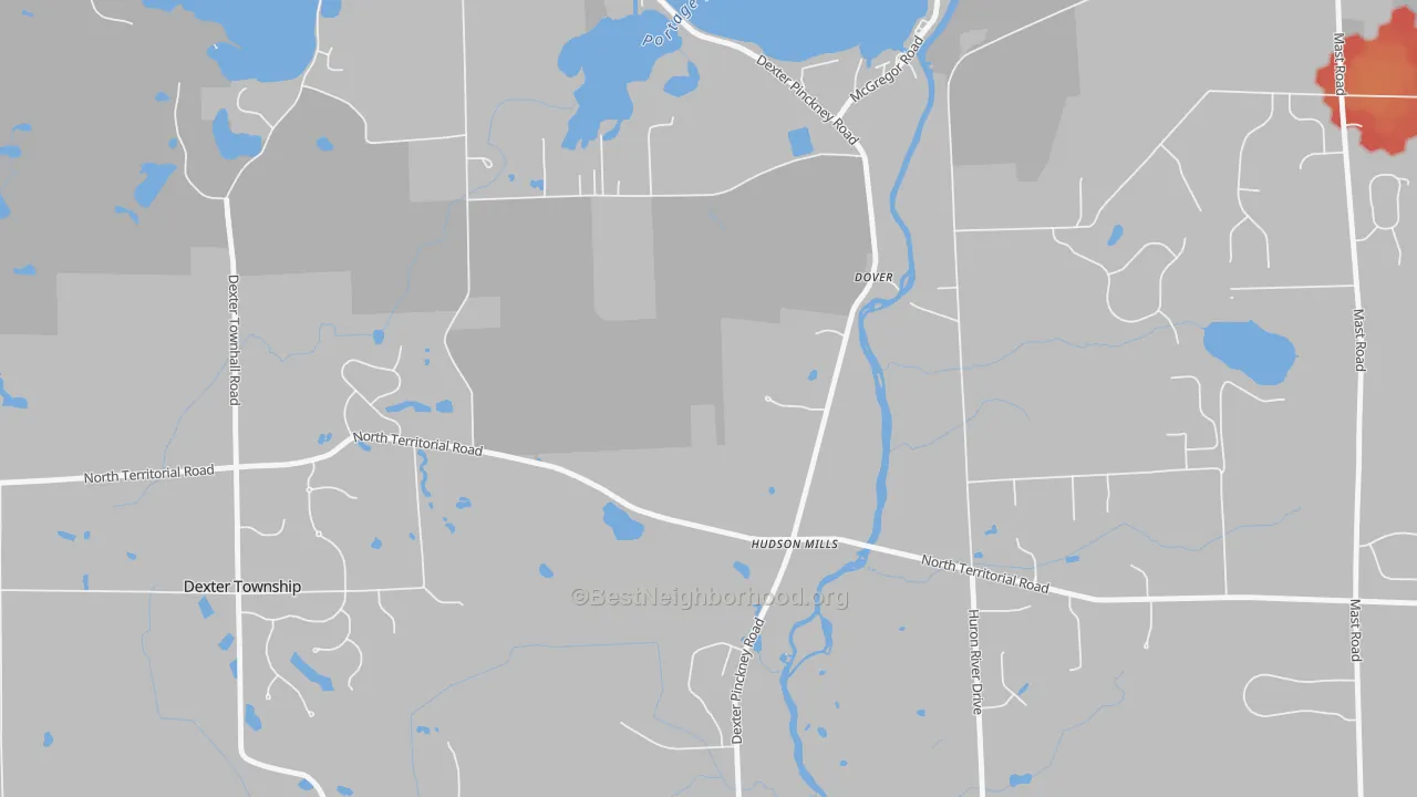 Walk Grade map of Hudson Mills, MI, walkable areas in green and car-dependent areas in red