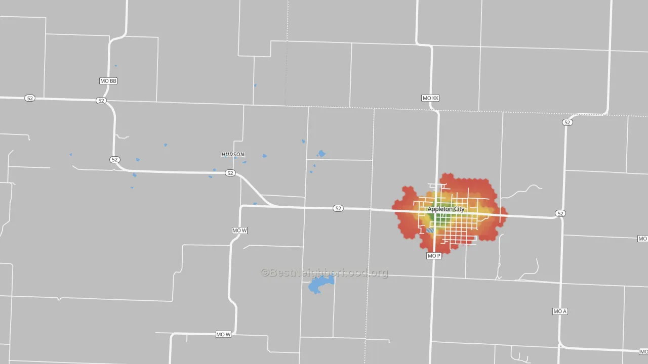 Walk Grade map of Hudson, MO, walkable areas in green and car-dependent areas in red