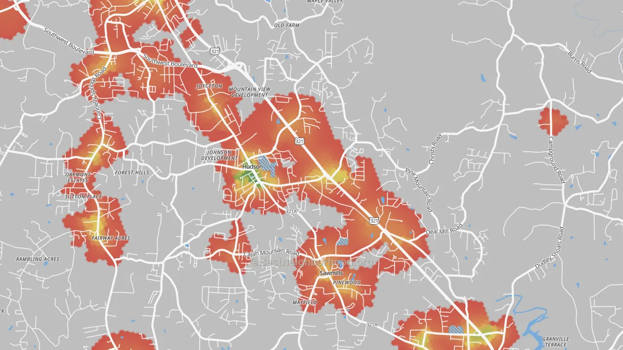 Walk Grade map of Hudson, NC, walkable areas in green and car-dependent areas in red