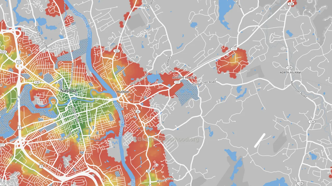 Walk Grade map of Hudson, NH, walkable areas in green and car-dependent areas in red