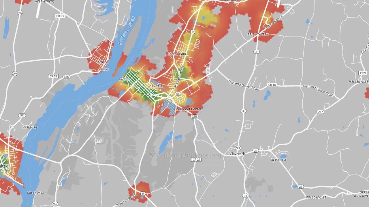 Walk Grade map of Hudson, NY, walkable areas in green and car-dependent areas in red