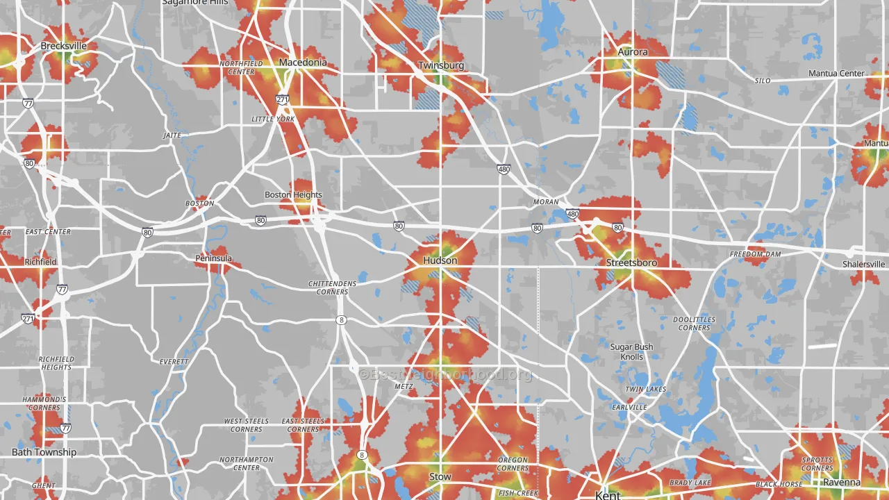 Walk Grade map of Hudson, OH, walkable areas in green and car-dependent areas in red