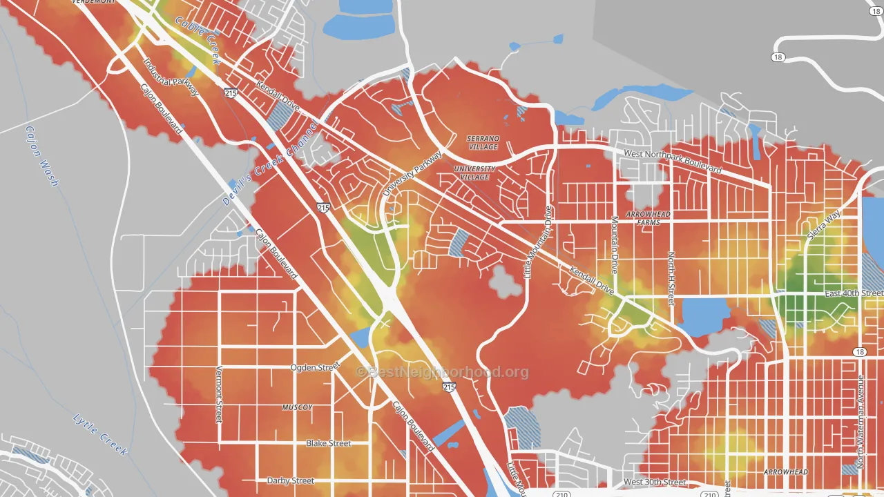 Walk Grade map of Hudson, San Bernardino, CA, walkable areas in green and car-dependent areas in red