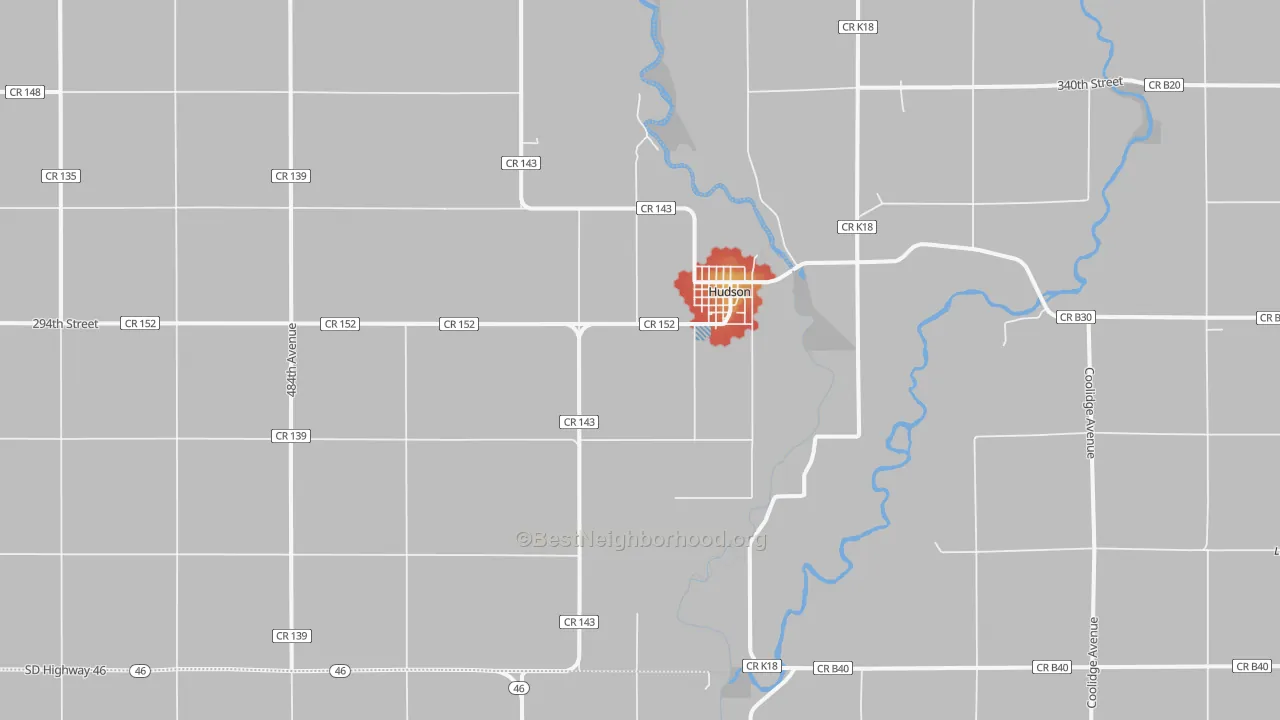 Walk Grade map of Hudson, SD, walkable areas in green and car-dependent areas in red