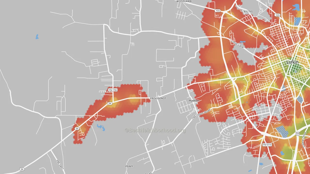 Walk Grade map of Hudson, TX, walkable areas in green and car-dependent areas in red