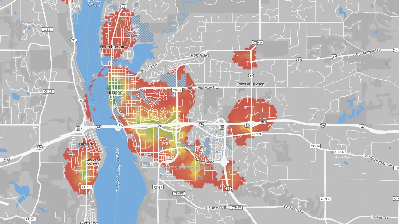 Walk Grade map of Hudson, WI, walkable areas in green and car-dependent areas in red