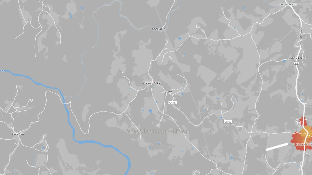 Walk Grade map of Hudson, WV, walkable areas in green and car-dependent areas in red