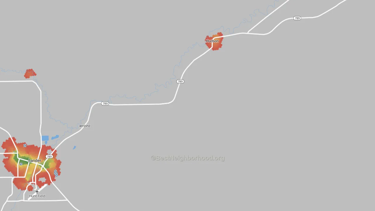 Walk Grade map of Hudson, WY, walkable areas in green and car-dependent areas in red