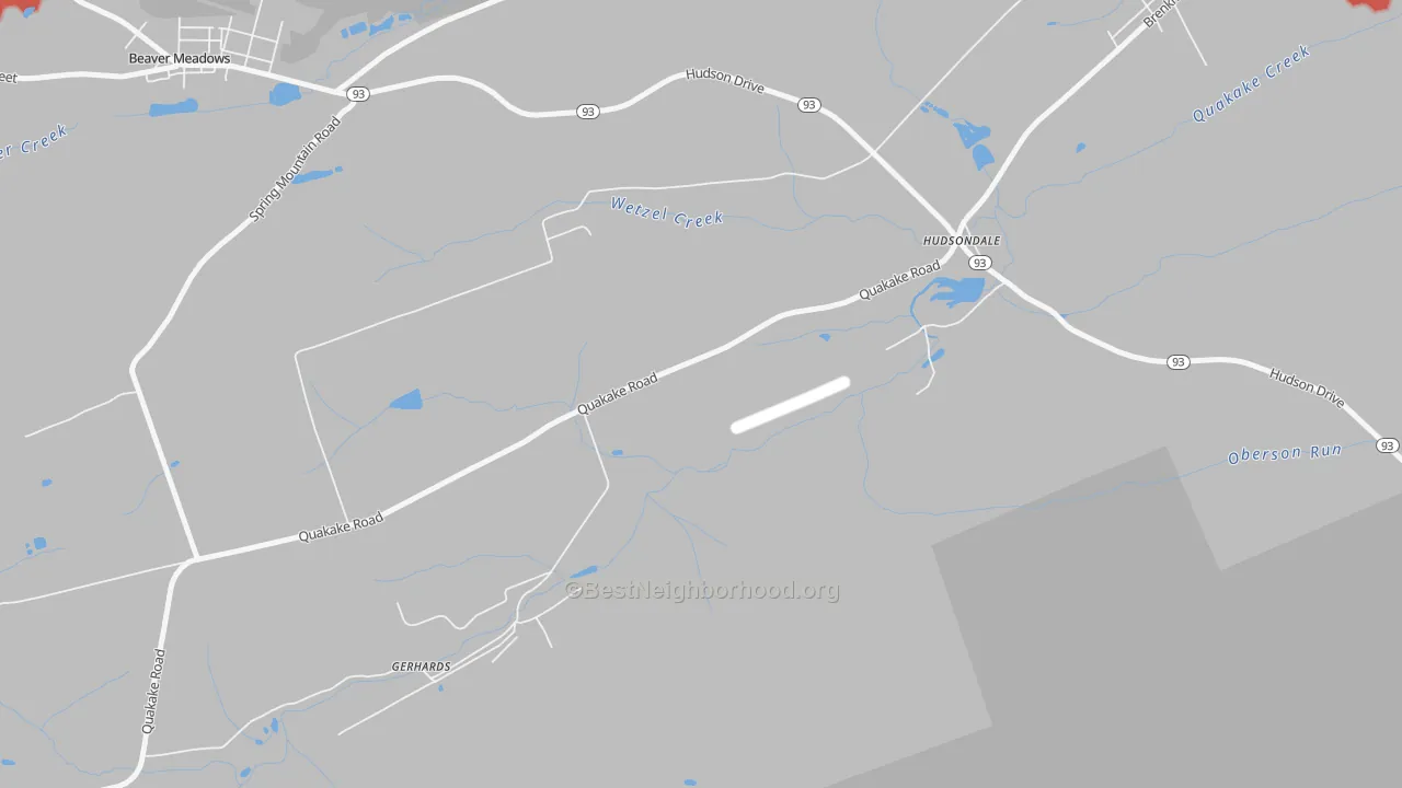 Walk Grade map of Hudsondale, PA, walkable areas in green and car-dependent areas in red