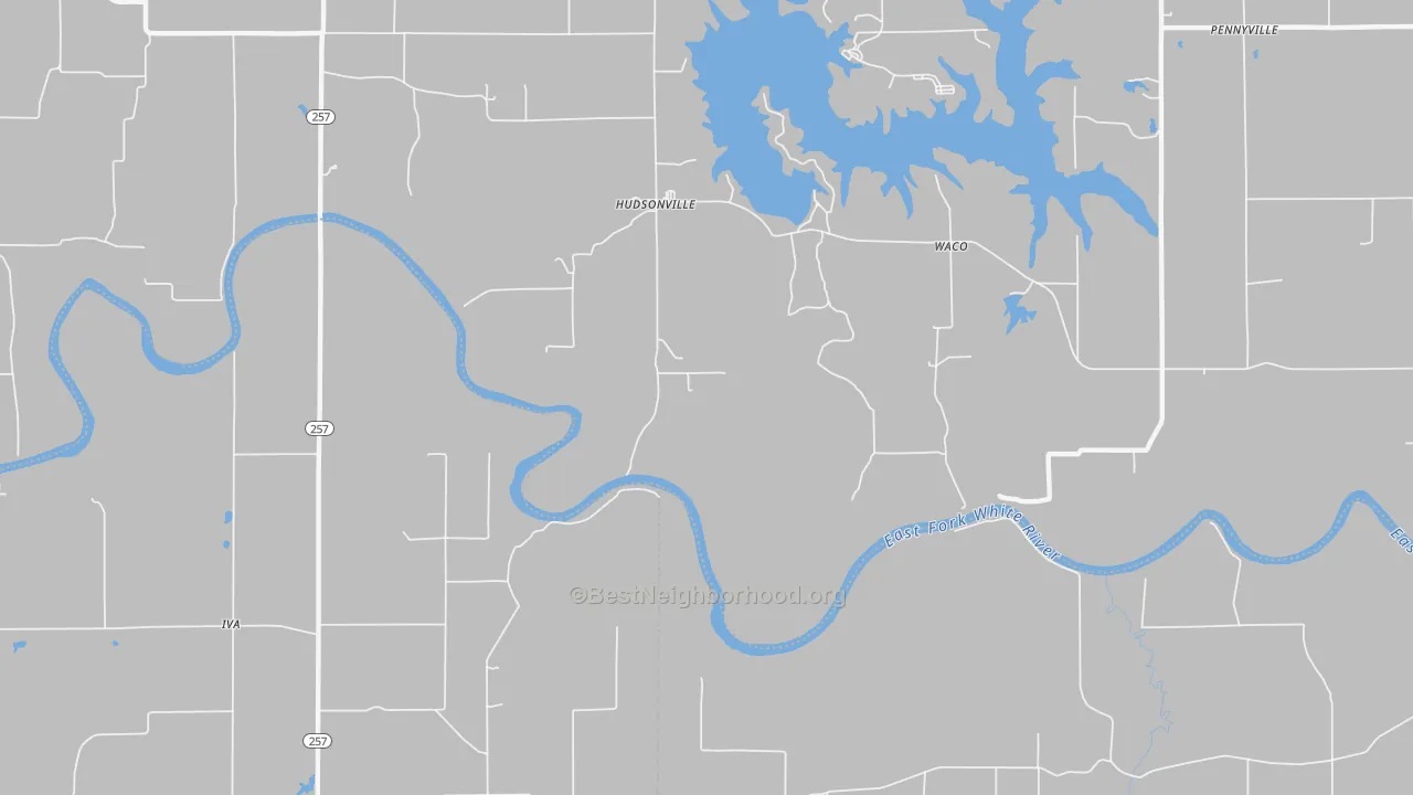 Walk Grade map of Hudsonville, IN, walkable areas in green and car-dependent areas in red