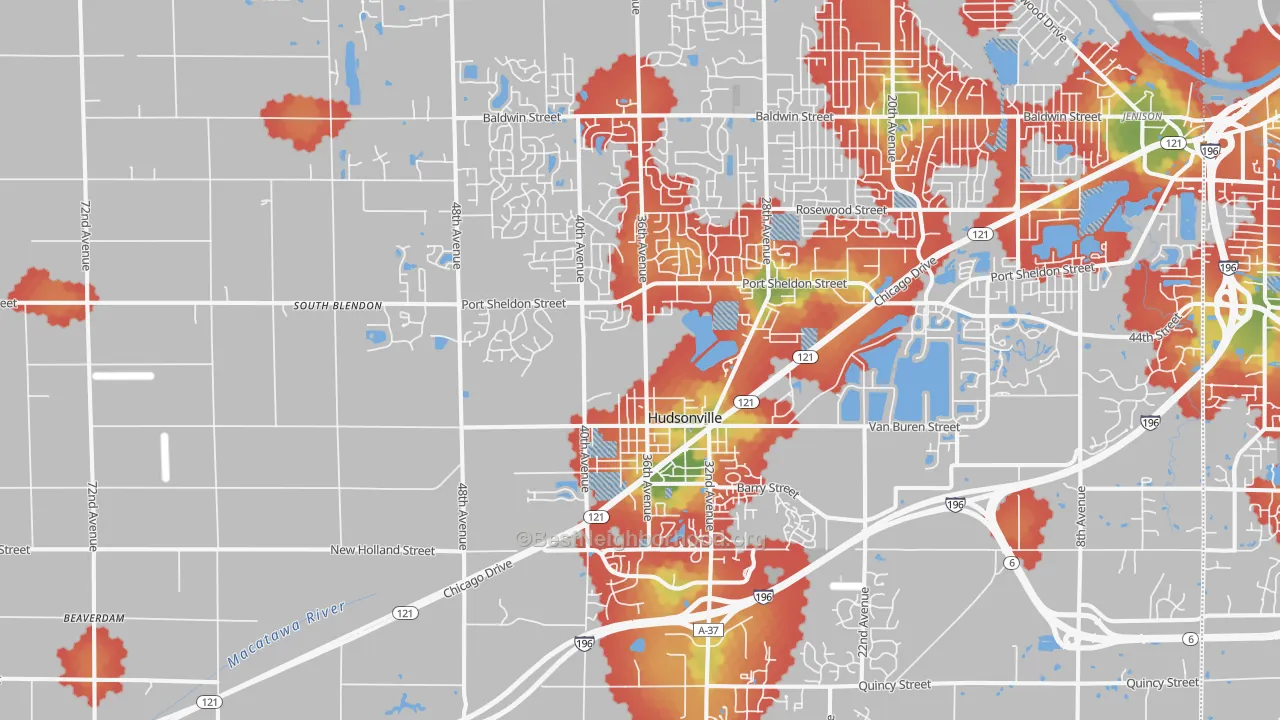 Walk Grade map of Hudsonville, MI, walkable areas in green and car-dependent areas in red