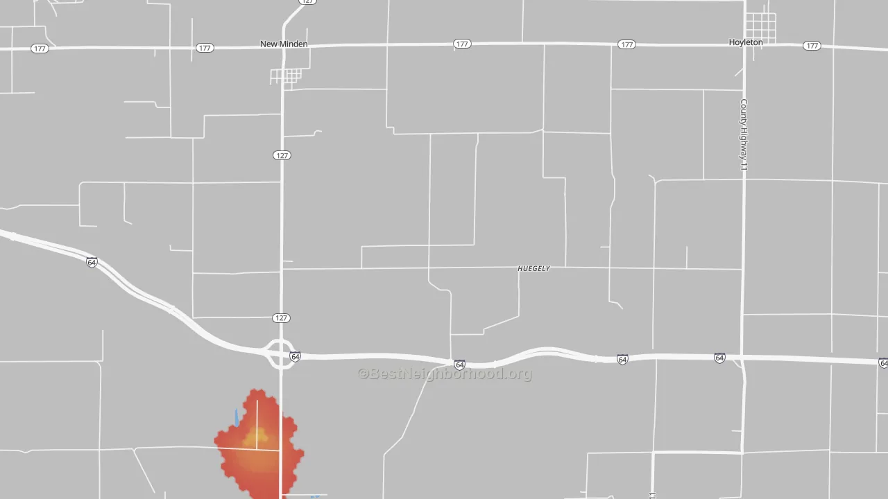 Walk Grade map of Huegely, IL, walkable areas in green and car-dependent areas in red