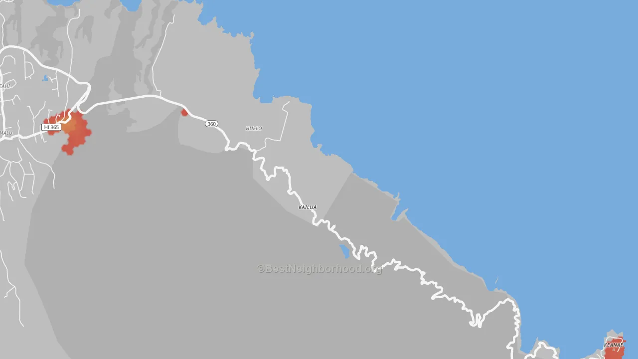 Walk Grade map of Huelo, HI, walkable areas in green and car-dependent areas in red