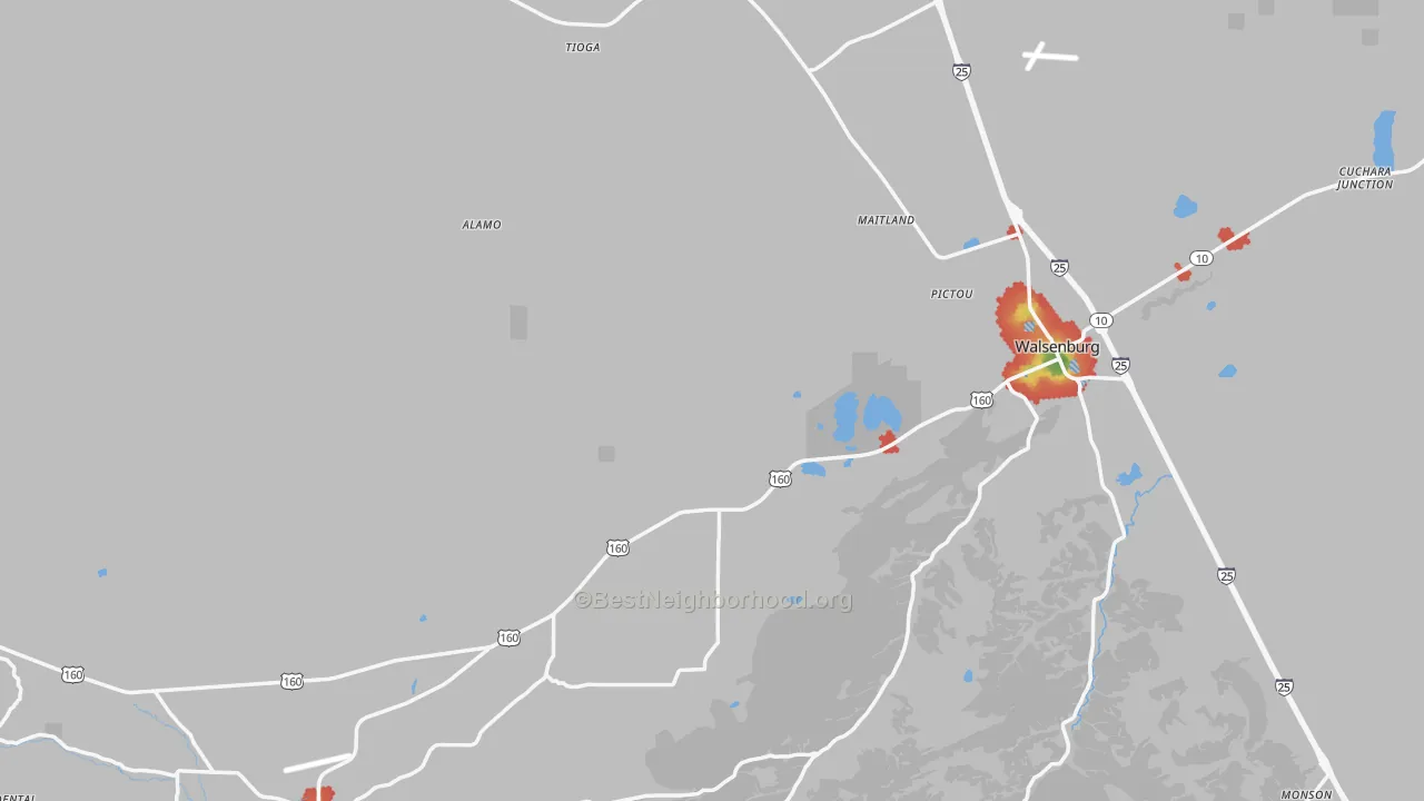 Walk Grade map of Huerfano County, CO, walkable areas in green and car-dependent areas in red