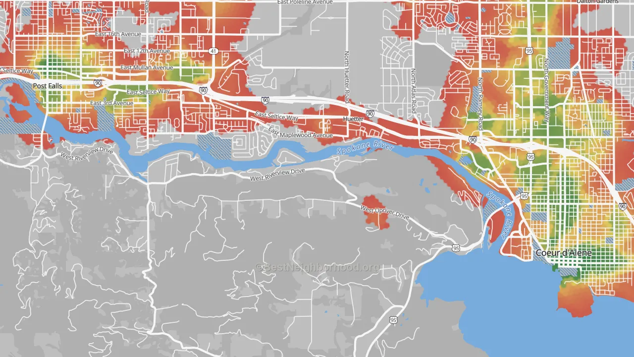 Walk Grade map of Huetter, ID, walkable areas in green and car-dependent areas in red