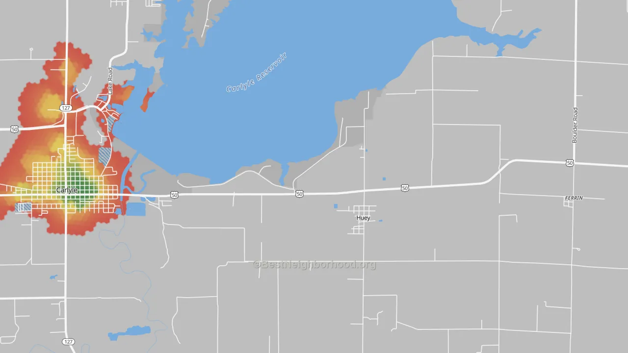 Walk Grade map of Huey, IL, walkable areas in green and car-dependent areas in red