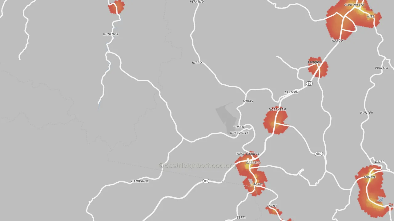 Walk Grade map of Hueysville, KY, walkable areas in green and car-dependent areas in red
