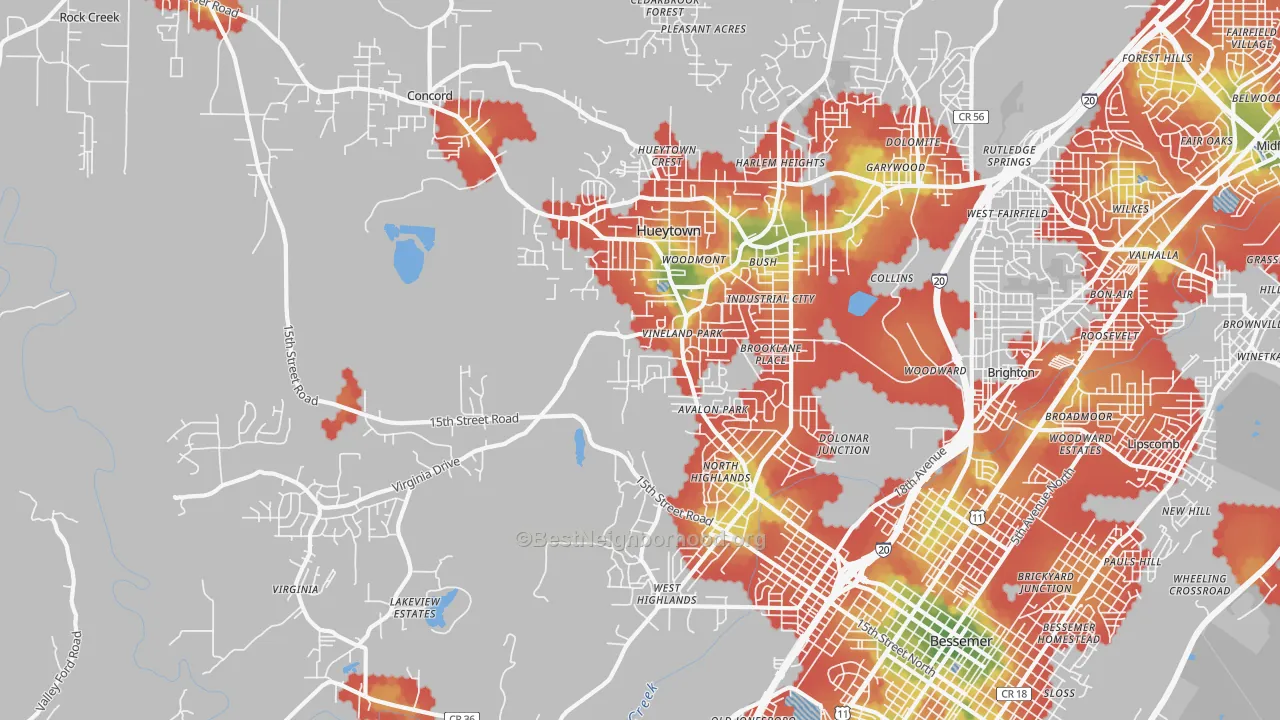 Walk Grade map of Hueytown, AL, walkable areas in green and car-dependent areas in red