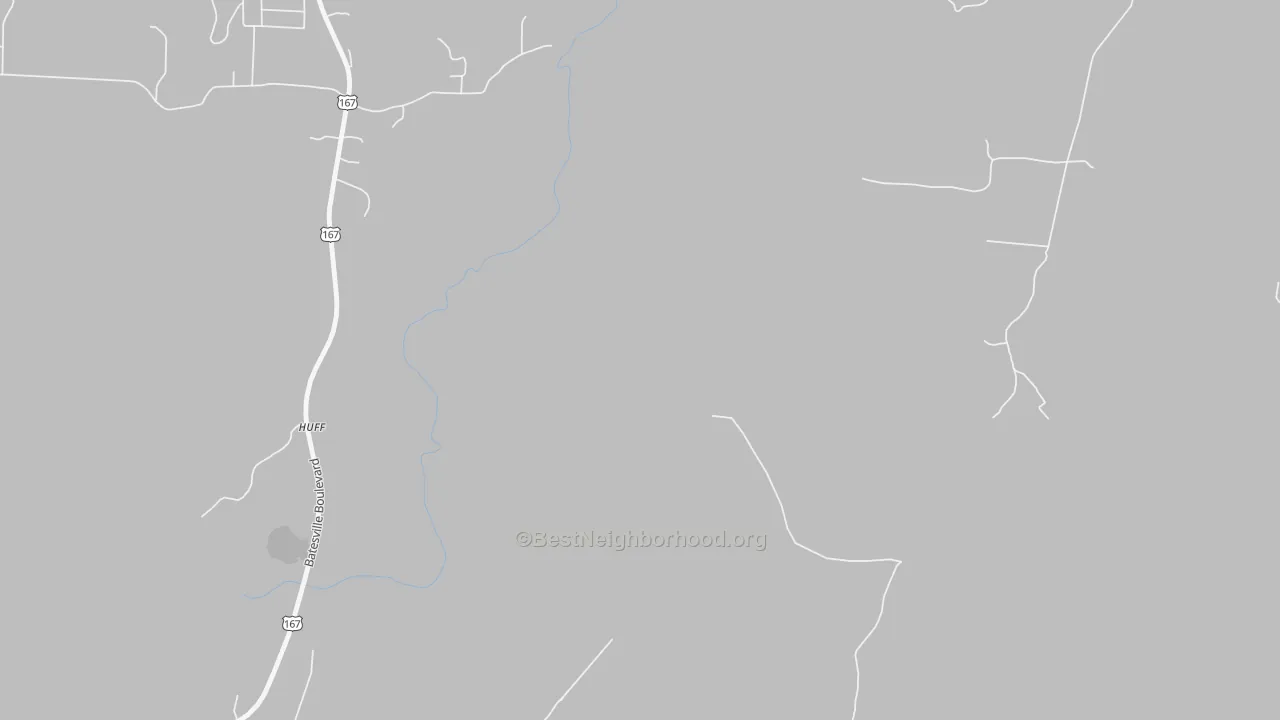 Walk Grade map of Huff, AR, walkable areas in green and car-dependent areas in red
